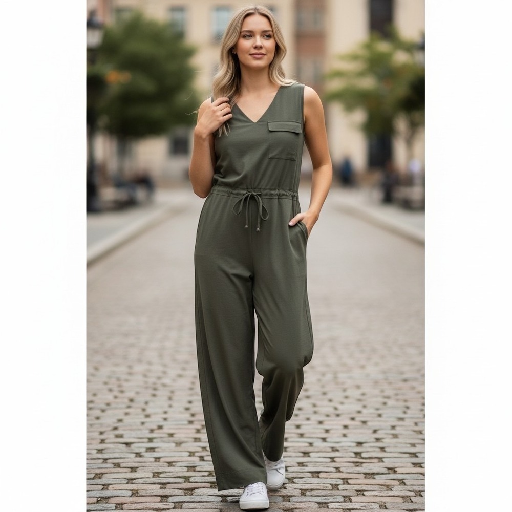 Athleta Brooklyn Wide Leg Jumpsuit Olive Green Sleeveless V-Neck Size L Travel